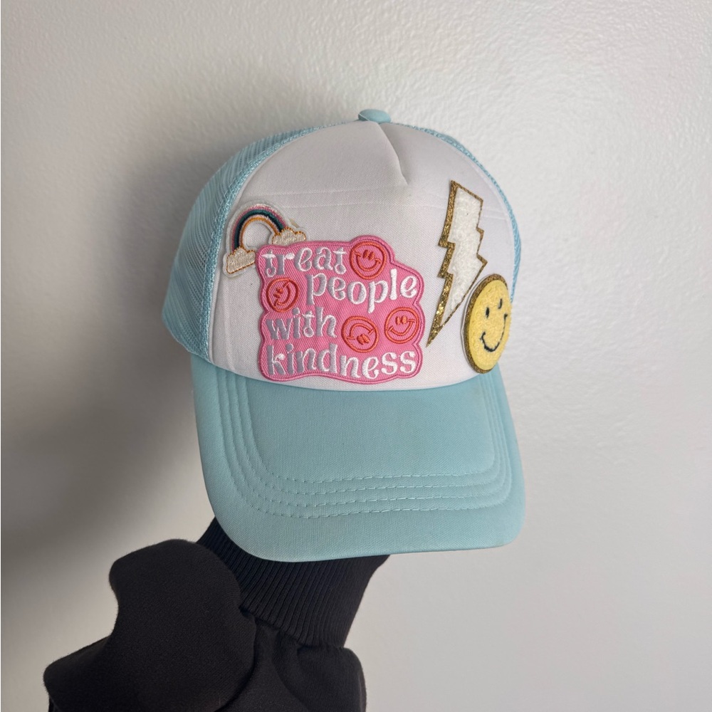 Blue and White Trucker Hat with Patches